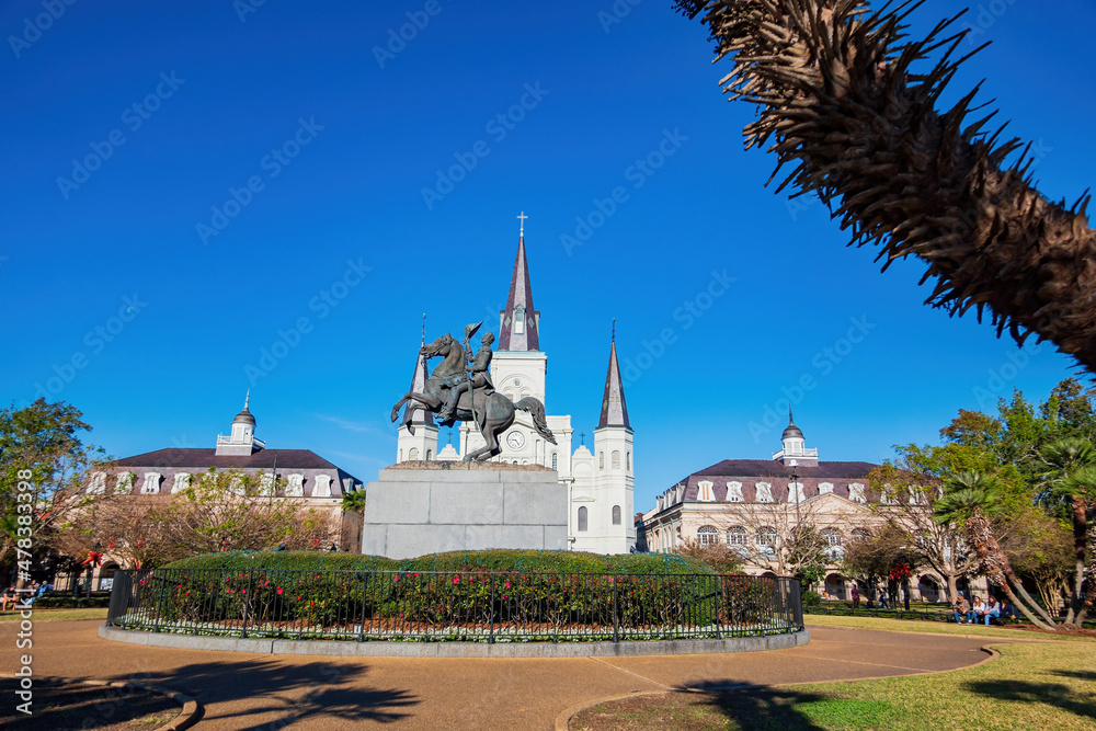 Sunny view of the historical St. Louis Cathedral at French Quarter