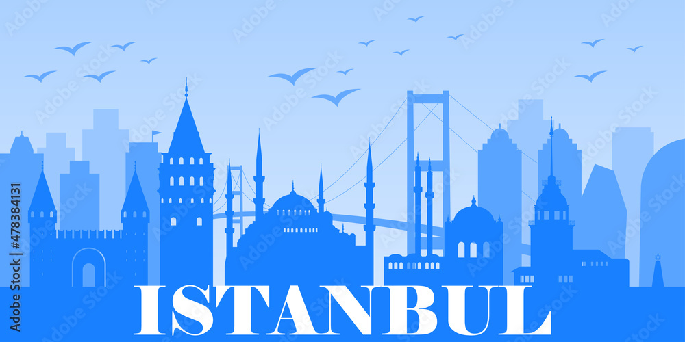 City background with historical buildings, skyscrapers, downtown. Istanbul architecture. Horizontal vector illustration with famous landmarks of Istanbul.