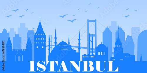 City background with historical buildings, skyscrapers, downtown. Istanbul architecture. Horizontal vector illustration with famous landmarks of Istanbul.