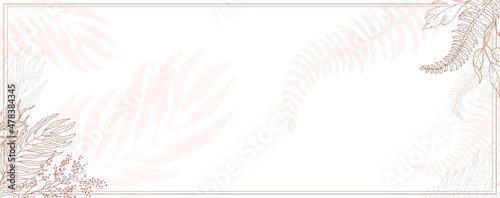 Rectangular frame made of delicate flowers and branches on a white background. Minimalism of forms, pastel shades and abstraction. Leaves with plant flowers. Vector illustration.