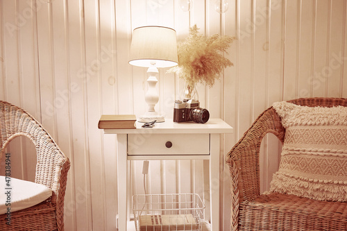 Bohemian kitchen style with cozy table setting. Cozy, comfy home. Aesthetic interior, pastel colors. Perfect morning