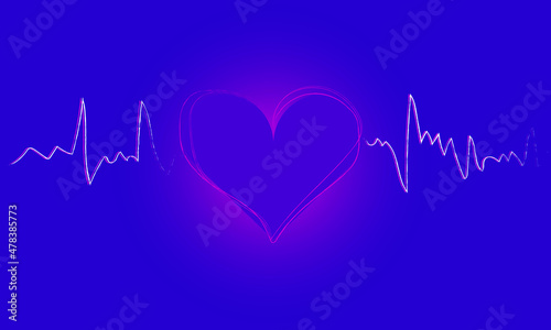 drawn heart with thin line pulse isolated on purple background. Vector illustration.