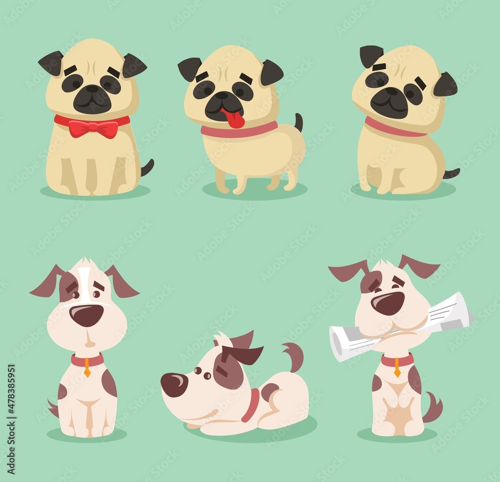 Vector illustration set of cute and funny cartoon little dogs-pupies.