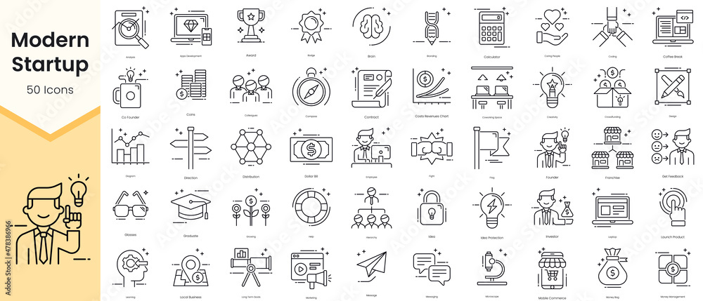 Simple Outline Set of Modern Startup Icons. Thin Line Collection contains such Icons as analysis, apps development, award, badge, brain and more