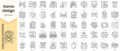 Simple Outline Set of Game Design Icons. Thin Line Collection contains such Icons as action game, adventure, arcade game, boss and more