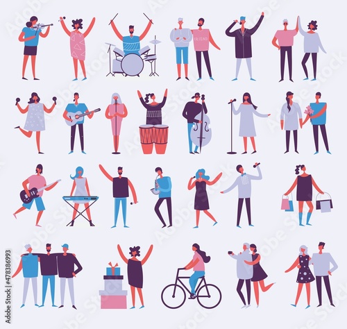 Set of vector ready to animation people characters performing various activities. Group of men and women flat design style cartoon characters isolated on white background.