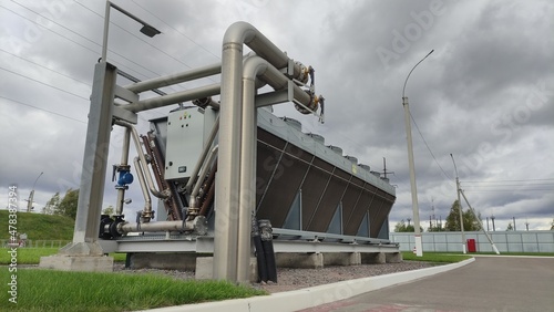 Cooling system for industrial heat exchangers. Industrial fan cooling tower. Adiabatic system.