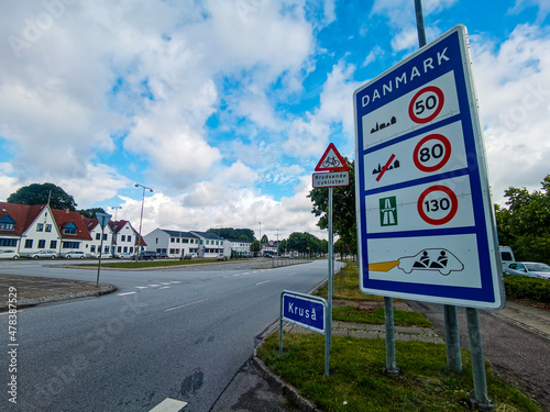 Danish Border street sign in Krusa Danmark saying Danmark (Denmark) on the Danish and German border road