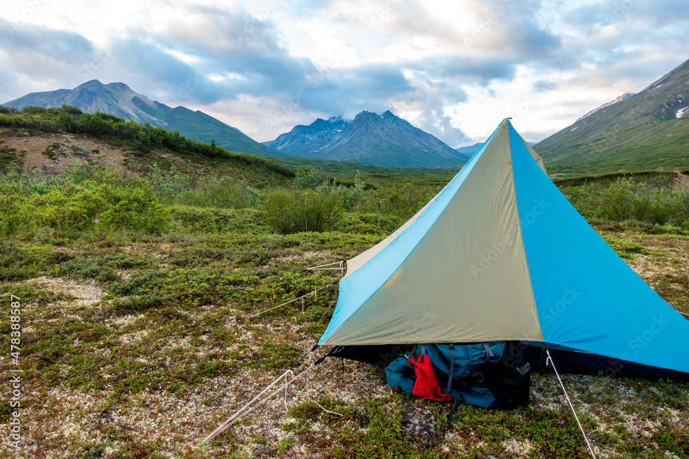 Light weight tarp tents pitched  on an alpine plateau high in the Northern Talkeetna Mountains of Alaska.