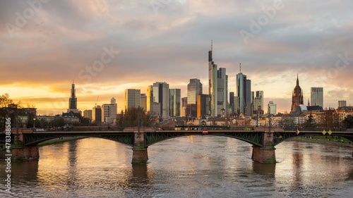 River view at sunset of Frankfurt am Main in Germany.