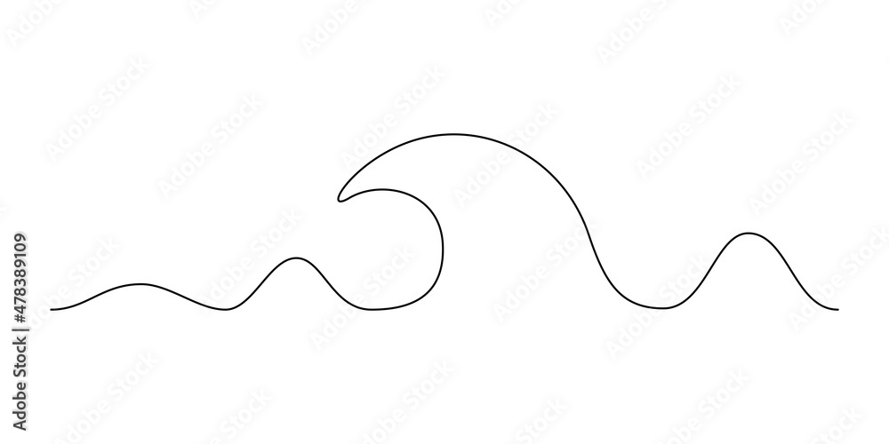 One continuous Line drawing of sea wave. Modern abstract seascape and concept for surf club in simple linear style. Doodle vector illustration One continuous Line drawing of sea wave. Modern abstract seascape and concept for surf club in simple linear style. Doodle vector illustration