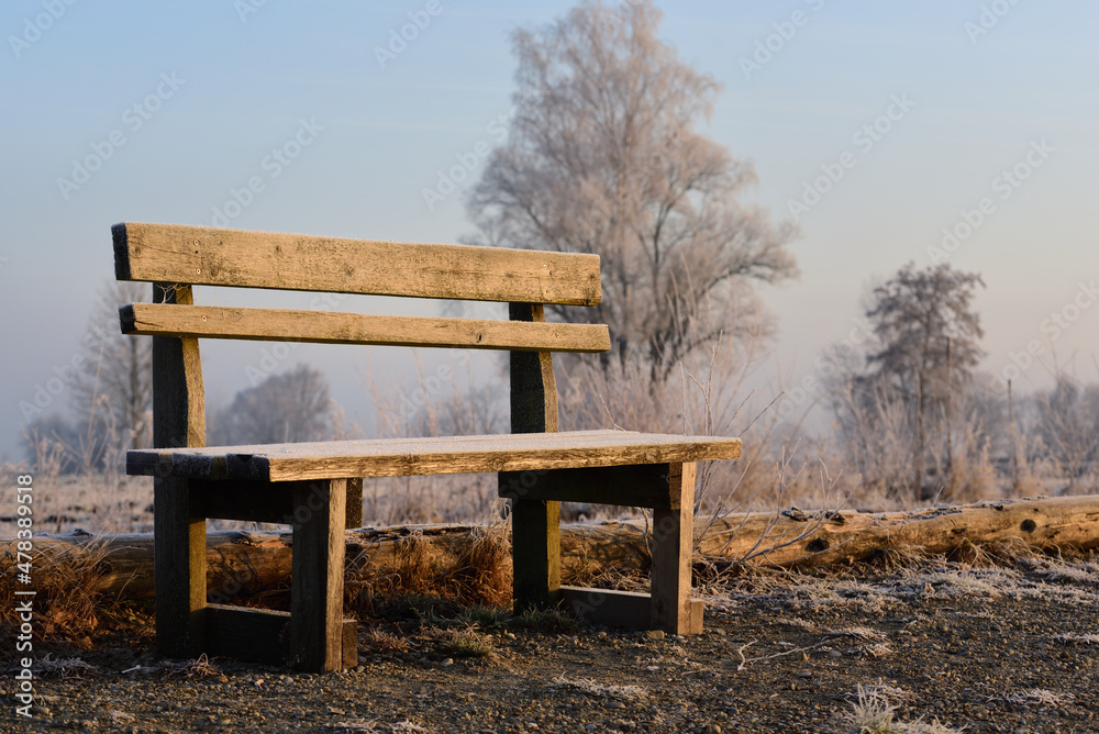 An old wooden bench stands on frosty ground in winter and is covered with hoarfrost in a wintry landscape