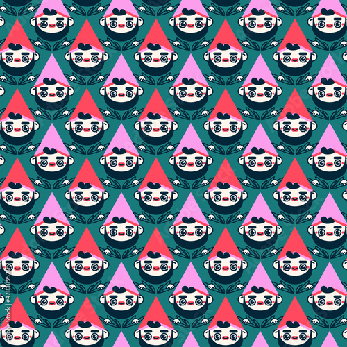 Funny gnomes with red and pink hats on green background. Seamless pattern for wallpaper, web sites, wrapping paper, for fashion prints, fabric, design.
