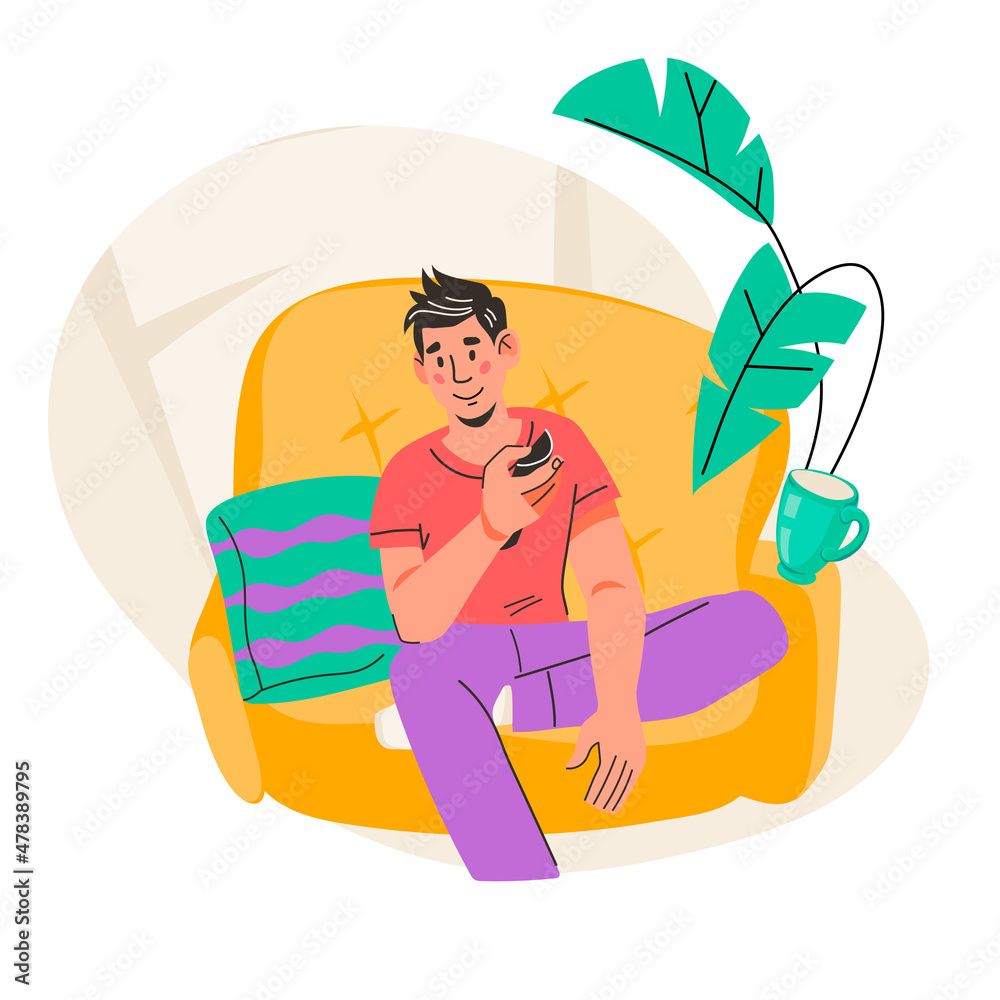Man sitting on the couch with remote control and watching movie. Man watches TV. Streaming video service, online cinema concept, flat cartoon vector illustration isolated on white background.
