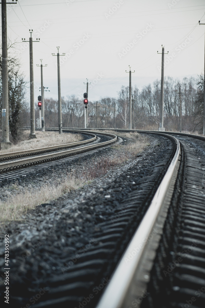 Rail branching. Railway close up. Rails for high-speed trains. Railway tracks with arrows and interchanges. Rail branching. Railway close up. Rails for high-speed trains. Railway tracks with arrows and interchanges.
