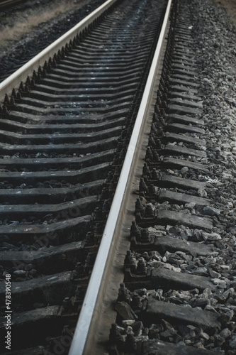 Rail branching. Railway close up. Rails for high-speed trains. Railway tracks with arrows and interchanges.