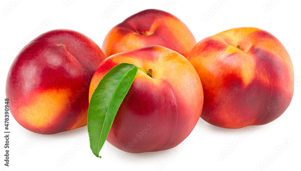 Nectarine with green leaf isolated on white background. clipping path Nectarine with green leaf isolated on white background. clipping path