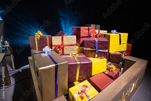 Pile of christmas gifts of all colors and decorations