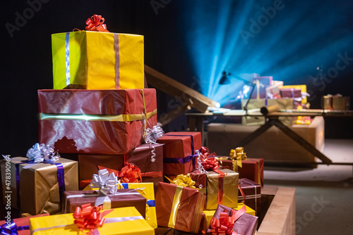 Pile of christmas gifts of all colors and decorations