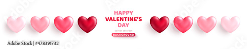 Valentine's day rose pink and red gradient hearts set isolated on white background. Vector illustration. 3d pastel love symbols. Valentin holiday icons, concept header pattern, glossy balloons banner