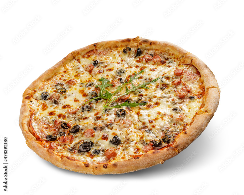 Pizza with cheese and tomato sauce isolated on white background. Deliciouse topping.