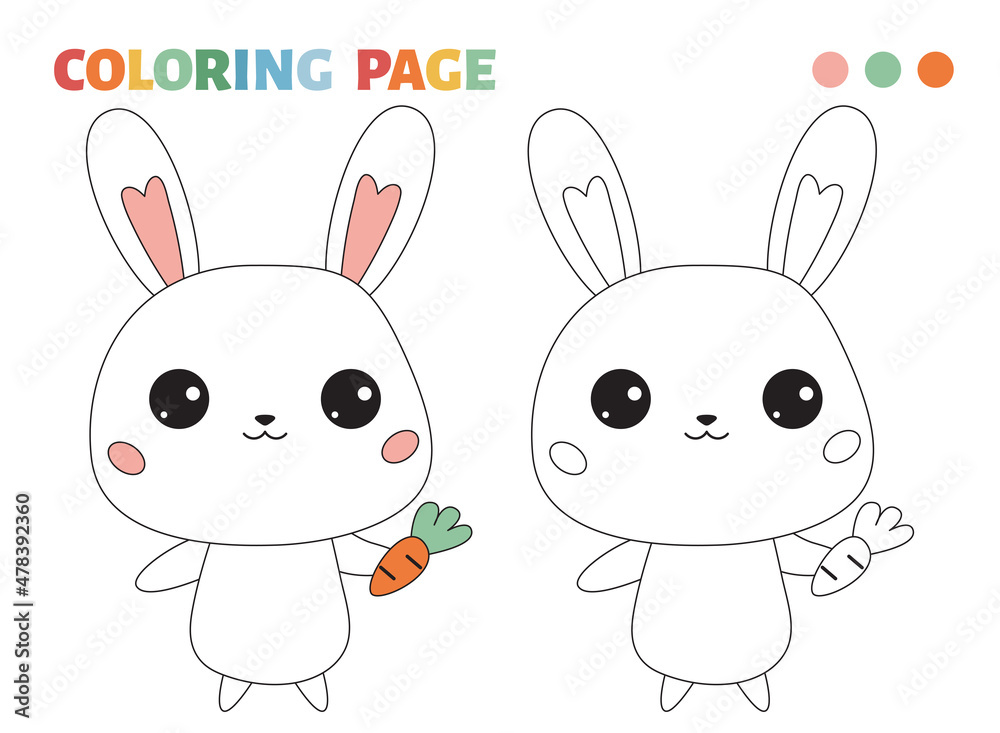 Coloring page with cute cartoon bunny and carrot. Kawaii style rabbit. Educational game for preschool kids. Vector illustration. Coloring page with cute cartoon bunny and carrot. Kawaii style rabbit. Educational game for preschool kids. Vector illustration.