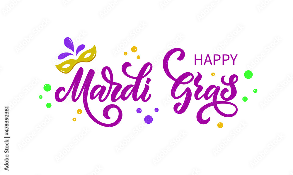 Happy Mardi Gras meaning Fat Tuesday lettering card. Hand drawn text. Modern brush ink calligraphy with mask, feathers, beads. Typography design for greeting card, poster, banner. Vector illustration Happy Mardi Gras meaning Fat Tuesday lettering card. Hand drawn text. Modern brush ink calligraphy with mask, feathers, beads. Typography design for greeting card, poster, banner. Vector illustration