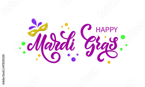 Happy Mardi Gras meaning Fat Tuesday lettering card. Hand drawn text. Modern brush ink calligraphy with mask, feathers, beads. Typography design for greeting card, poster, banner. Vector illustration