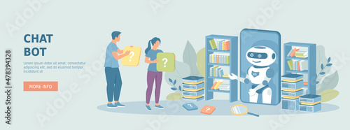 Chat bot. Online support bot. Artificial intelligence, AI helper service, support assistant. Promotional web banner. Cartoon flat vector illustration with people characters.