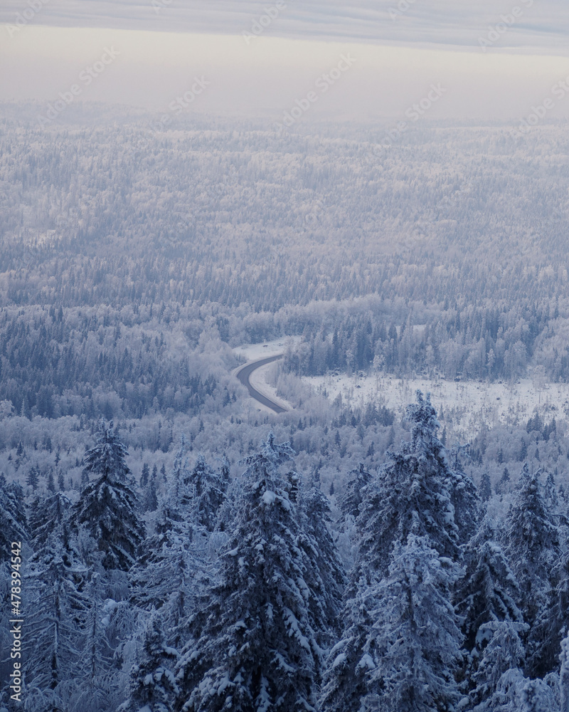 Snow-covered road among snow-covered trees in the winter Ural forest.