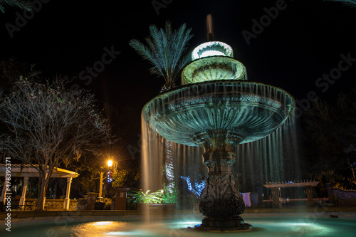 The fountain in waterfront park in St Marys, Georgia at night