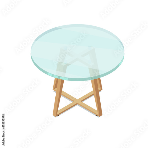 Isometric round glass table with wooden legs on a white background.