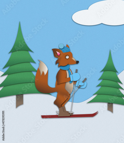 Skiing fox in a winter wonderland