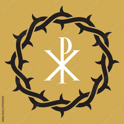 Crown or wreath of thorns with Christ symbol.
Vector illustration of interlocking entwined circle of thorn branches with symbol for Jesus Christ in the center.