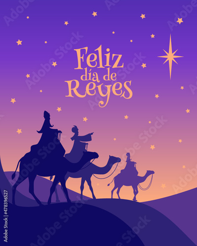 Tarjeta de felicitación de Reyes Magos. Tres reyes siguiendo la estrella.