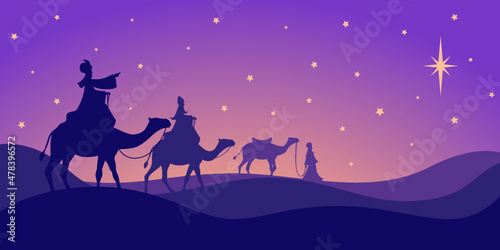 Tarjeta de felicitaci  n de Reyes Magos. Tres reyes siguiendo la estrella.