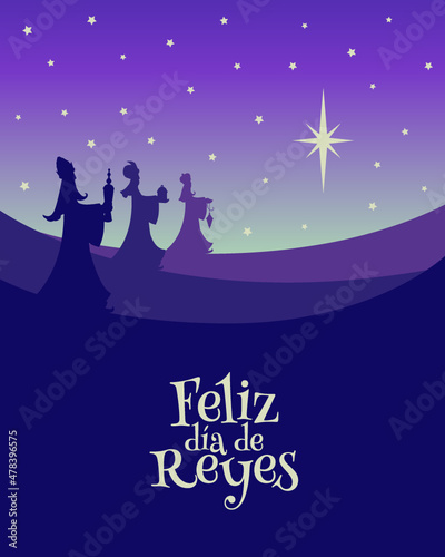Tarjeta de felicitación de Reyes Magos. Tres reyes siguiendo la estrella.