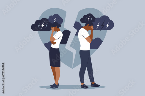 Concept of divorce, misunderstanding in family. Disagreement, relationship troubles. Man and woman in a quarrel. Conflicts between husband and wife. Vector. Flat