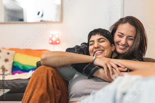 Lesbian couple at home enjoying life together