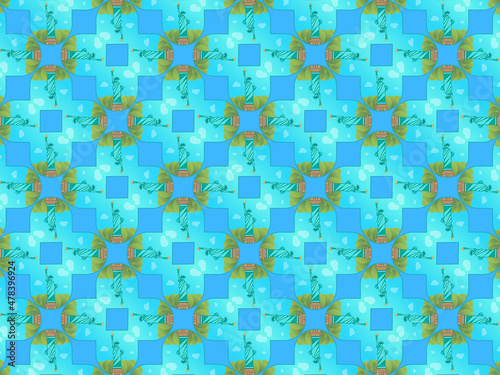 Modern and sophisticated geometric pattern with the Statue of Liberty. Kaleidoscopic print for wallpapers, wrapping paper, stationery. Repeating textile pattern in blue and green colors.