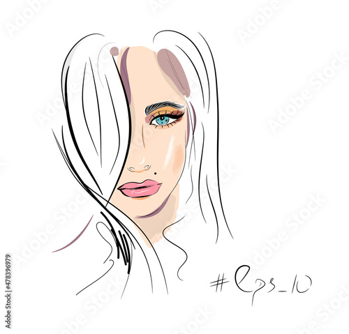 A sketch of a portrait by hand of a girl's face makeup with pink lips.