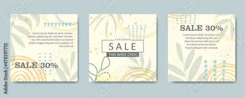 Sale square banner template for social media posts, mobile apps, banners design and web,internet ads. Trendy abstract square template with botanical illustration