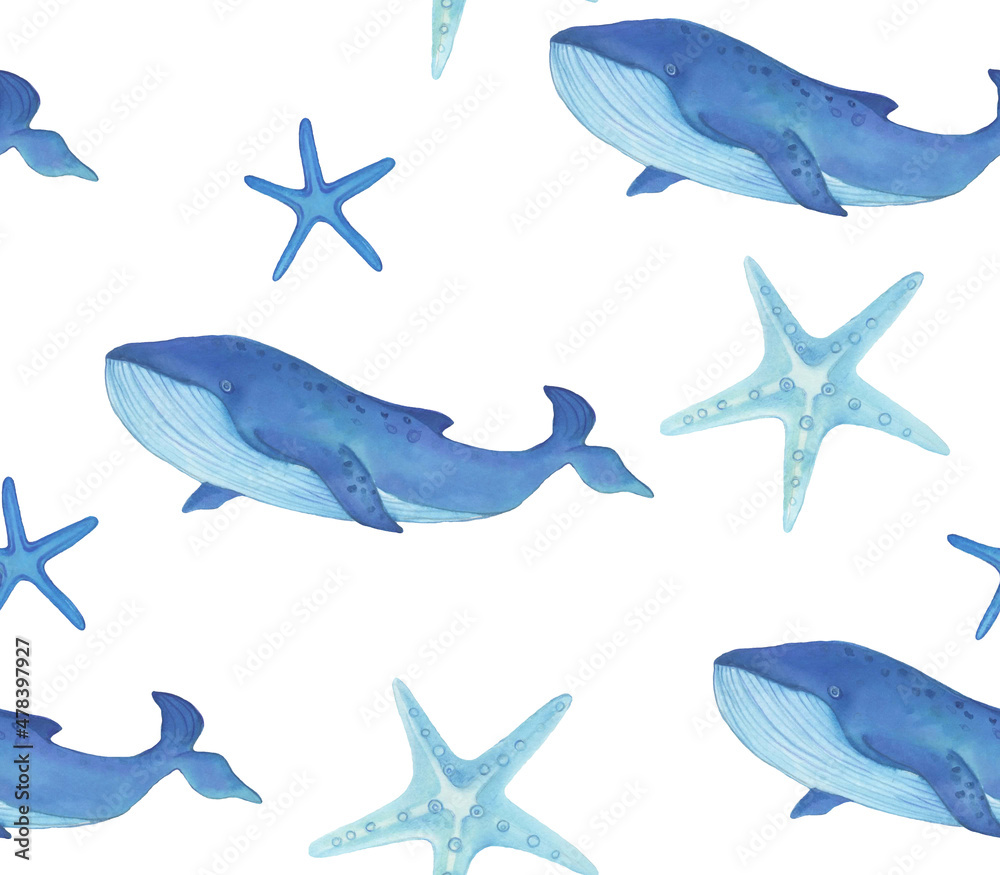 Watercolor with whales and seashells pattern. Hand painted animal texture on white background.