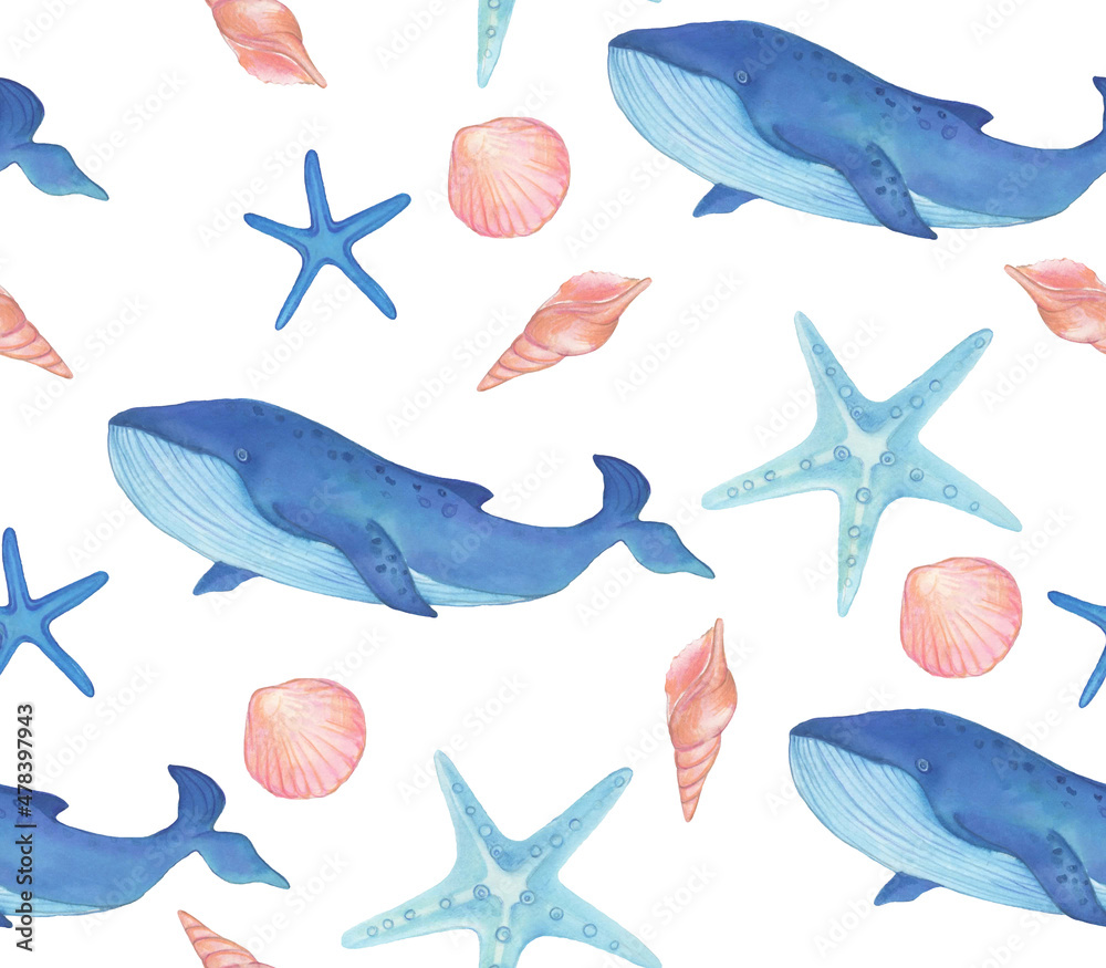 Watercolor with whales and seashells pattern. Hand painted animal texture on white background.