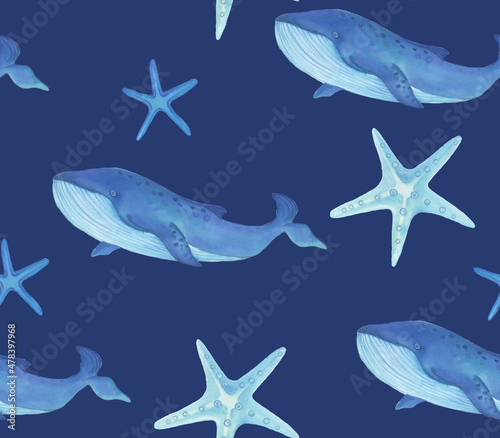 Watercolor with whales and seashells pattern. Hand painted animal texture on white background.