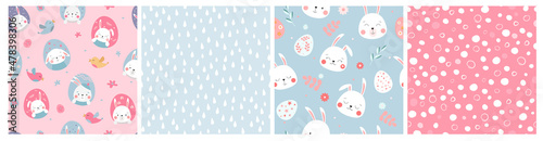 A set of seamless Easter pattern with different colored eggs, branches with leaves, chaotic drops, muzzles of bunnies, rabbits. Festive spring print. Vector graphics.