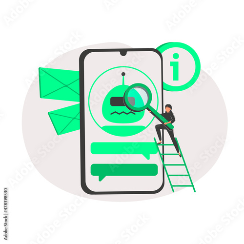 Customers having dialog with chatbot on smartphones. Characters chatting with robot, asking questions and receiving answers. AI assistant support and FAQ concept. Flat cartoon vector illustration