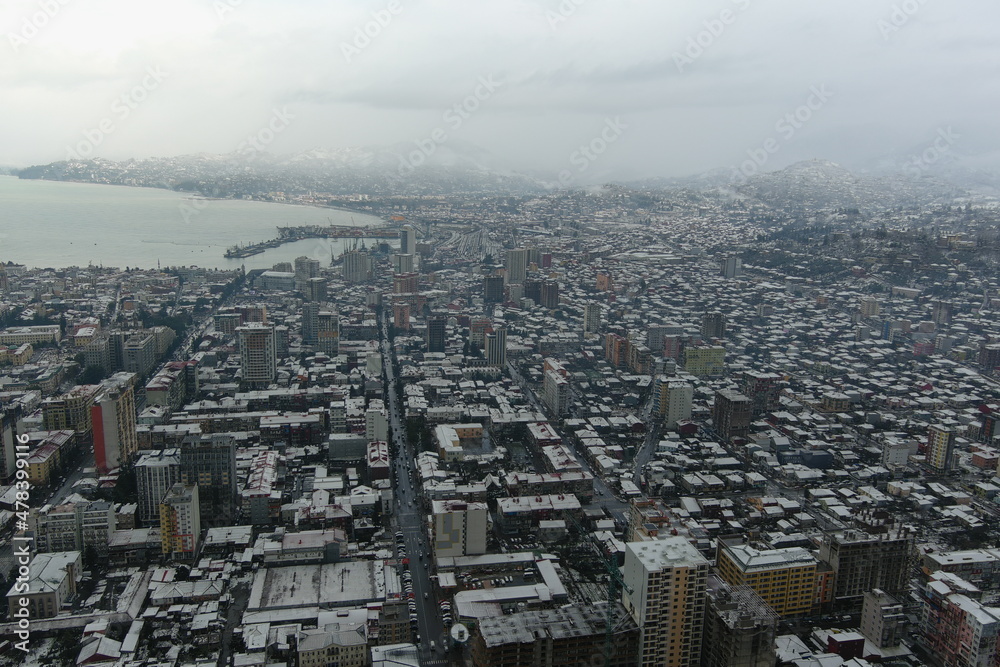 Batumi city after snowfall, aerial view
