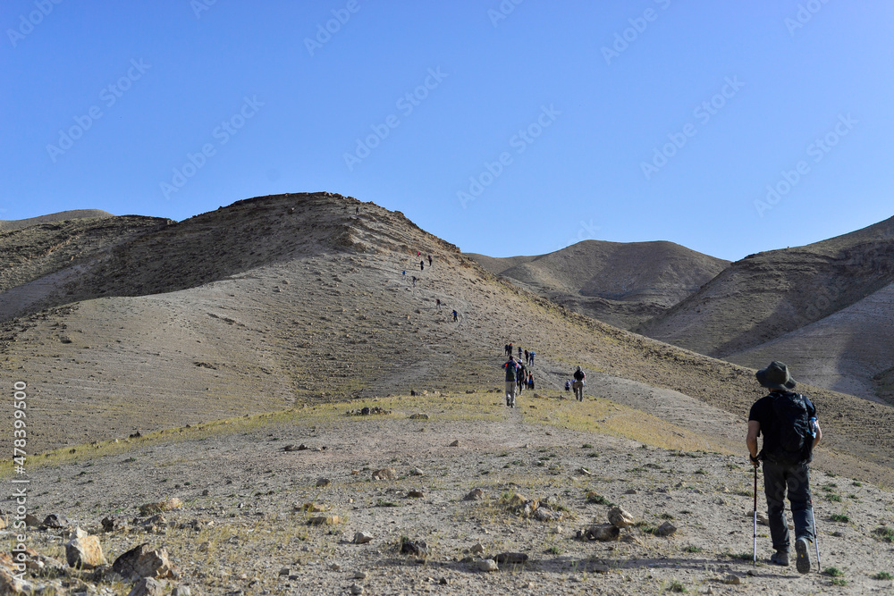 Group of tourists hiking, travelers on a trail in an Israeli desert mountains. Backpackers tourists group walking hiking rocks desert path trail. Israel desert hills landscape at spring, green grass