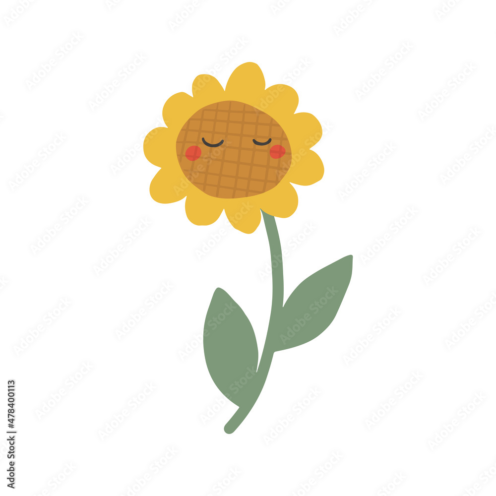 Fototapeta premium Cute cartoon flower element. Flat vector plant illustration on white background. Perfect for game disign, web site, logo, icon, sticker design